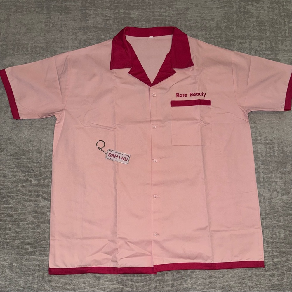 Selena Gomez Rare Beauty button bowling influencer shirt MUA Size L DRM Land key